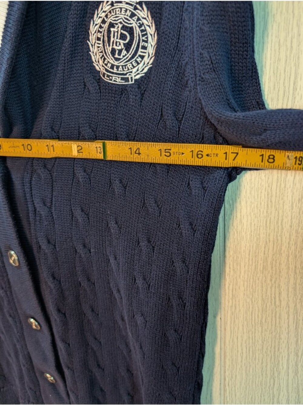 Lauren Active Ralph Lauren Crest Cardigan Sweater Medium Cable Knit Preppy Blue - Picture 5 of 7